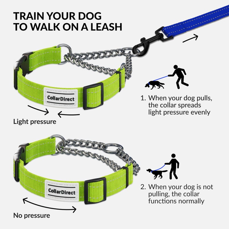 CollarDirect Martingale Dog Collar with Stainless Steel Chain and Quick Release Buckle - Reflective Collar for Large, Medium, Small Dogs - Lime Green, Large (Neck Size 17"-22") - Image 2